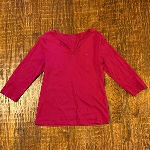 Tommy Hilfiger Women’s Large V-Neck 3/4 Sleeve Top Pink Cotton Stretch Logo Tee